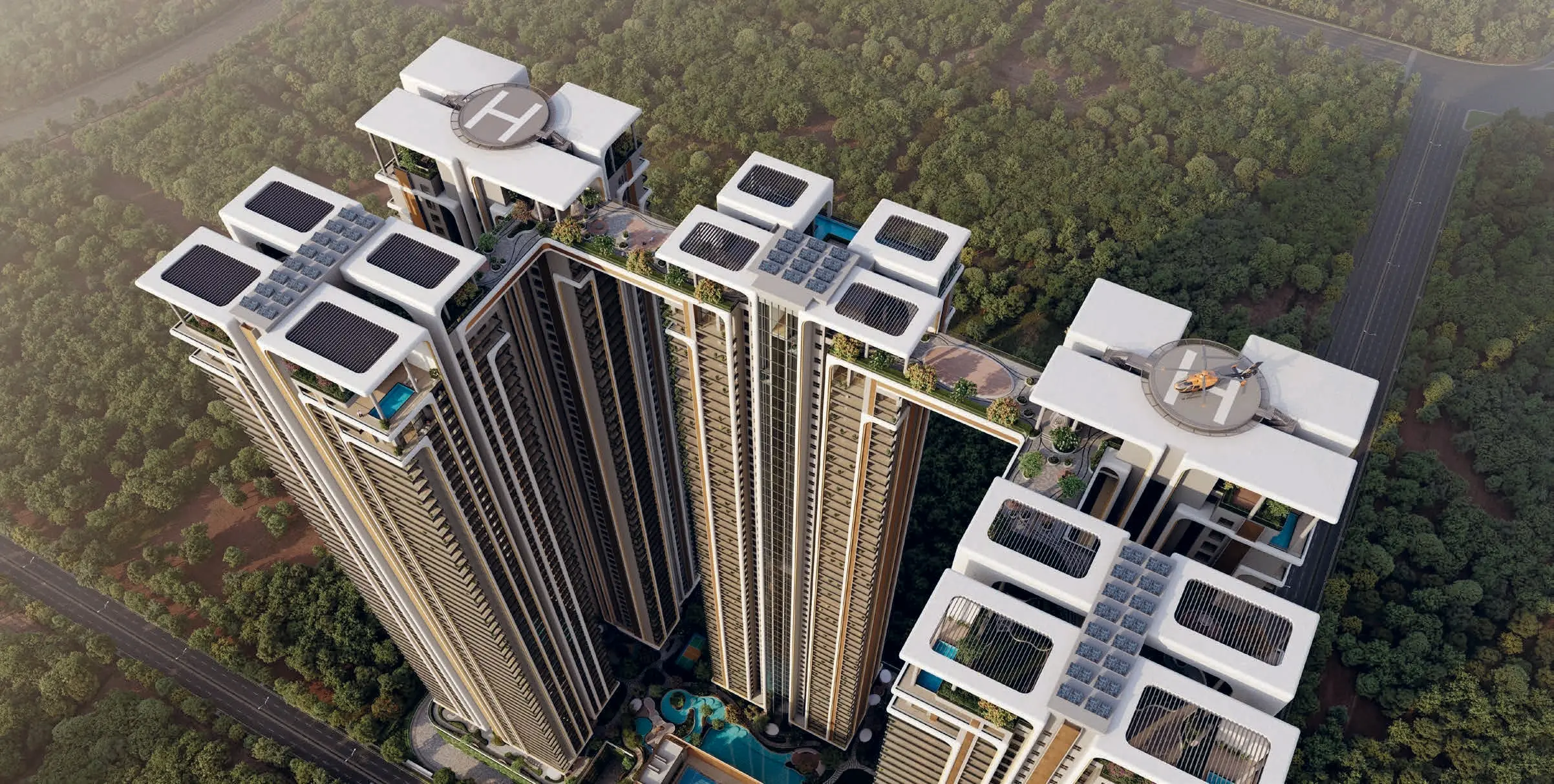 Aerial view of the helipads atop The Cascades Neopolis towers